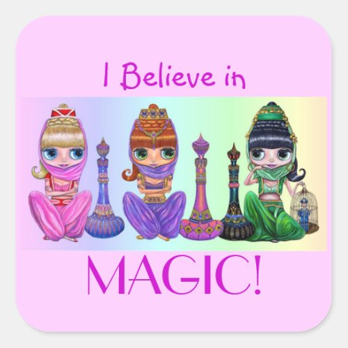 I Believe in Magic Cute Big Eye Genie Dolls Square Sticker