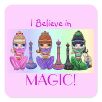 I Believe in Magic! Cute Big Eye Genie Dolls Square Sticker I Believe in Magic! Cute Big Eye Genie Dolls Square Sticker
