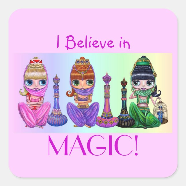 I Believe in Magic! Cute Big Eye Genie Dolls Square Sticker (Front)