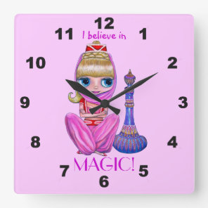 I Believe in Magic Pink Genie Girl Doll Cute Square Wall Clock