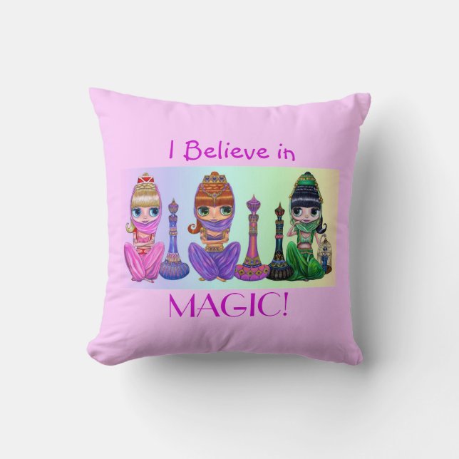 I Believe in Magic! Three Cute Genie Girls Throw Pillow (Front)