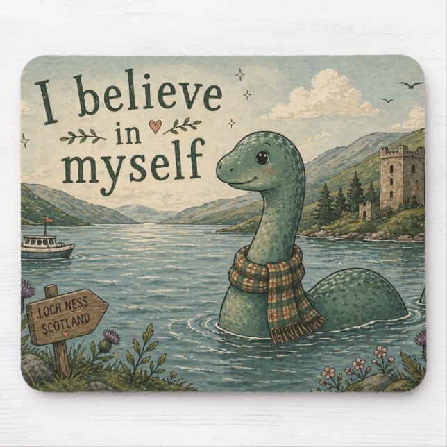 I believe in myself whimsical Loch Ness Monster Mouse Pad (Front)