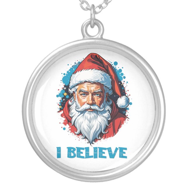 I Believe in Santa Claus Graffiti Style Design Silver Plated Necklace (Front)