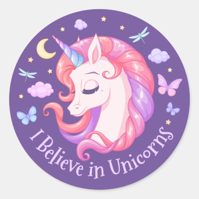 I Believe in Unicorns Purple Pastel Pony Girly Classic Round Sticker (Front)