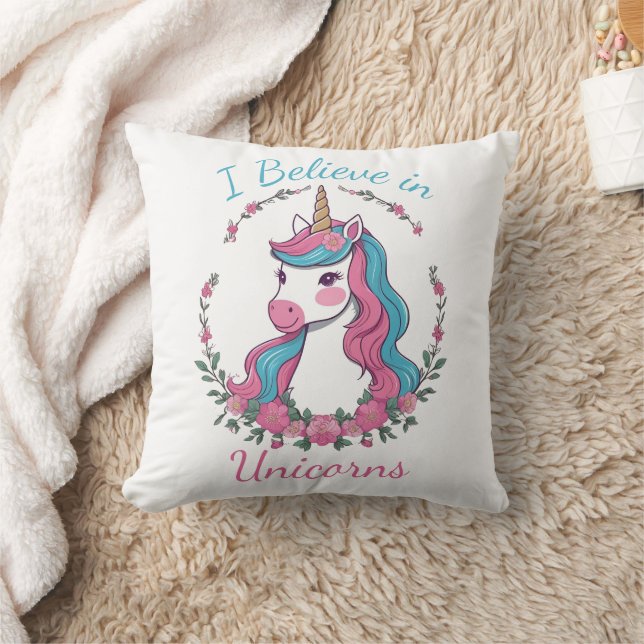 I Believe in Unicorns Throw Pillow (Blanket)
