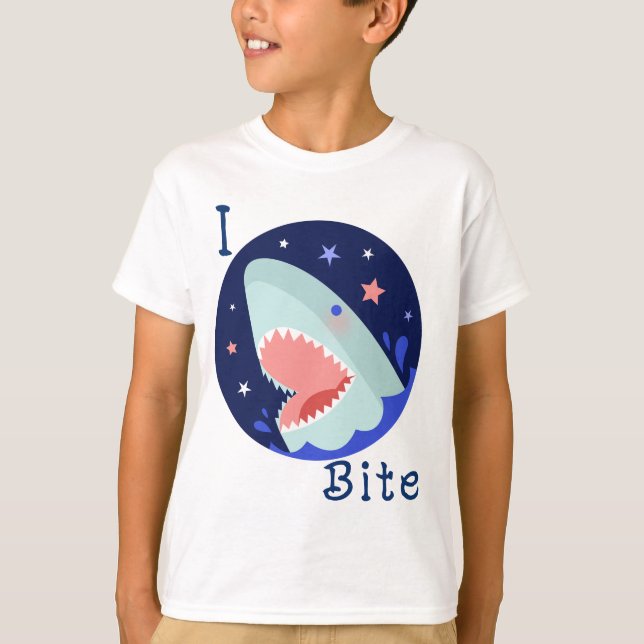 I Bite Cute Shark Kids-Blue Letter T-Shirt (Front)