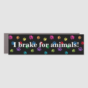 I Brake for Animals! Colorful Paw Prints Black Car Magnet