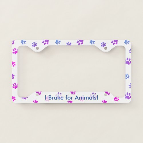 I Brake for Animals Purple Pink Glitter Paw Print License Plate Frame