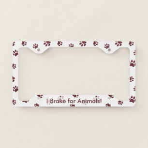 I Brake for Animals! Rose Gold Glitter Paw Print License Plate Frame