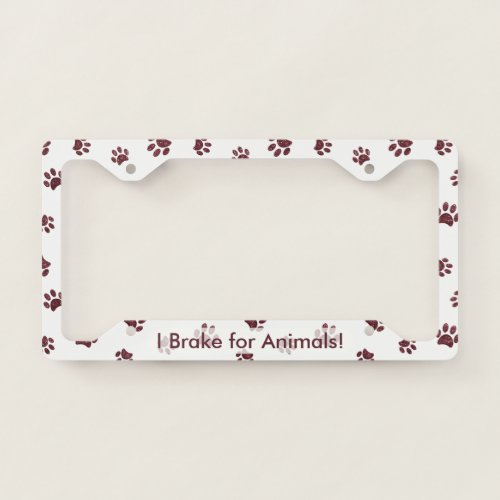 I Brake for Animals Rose Gold Glitter Paw Print License Plate Frame