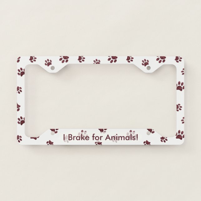 I Brake for Animals! Rose Gold Glitter Paw Print License Plate Frame (Front)