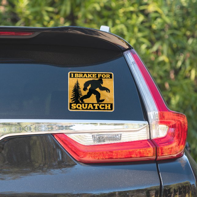 I Brake For Squatch Retro Bigfoot Funny Yellow Sticker (Car Side)