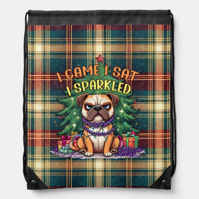 I Came I Sat I Sparkled Funny Christmas Bulldog Drawstring Bag (Front)