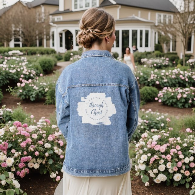 I Can Do All Things Dusty Blue Script Bible Verse Denim Jacket (Wedding Back)