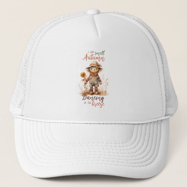 I Can Smell Autumn – Rustic Scarecrow & Sunflower Trucker Hat (Front)