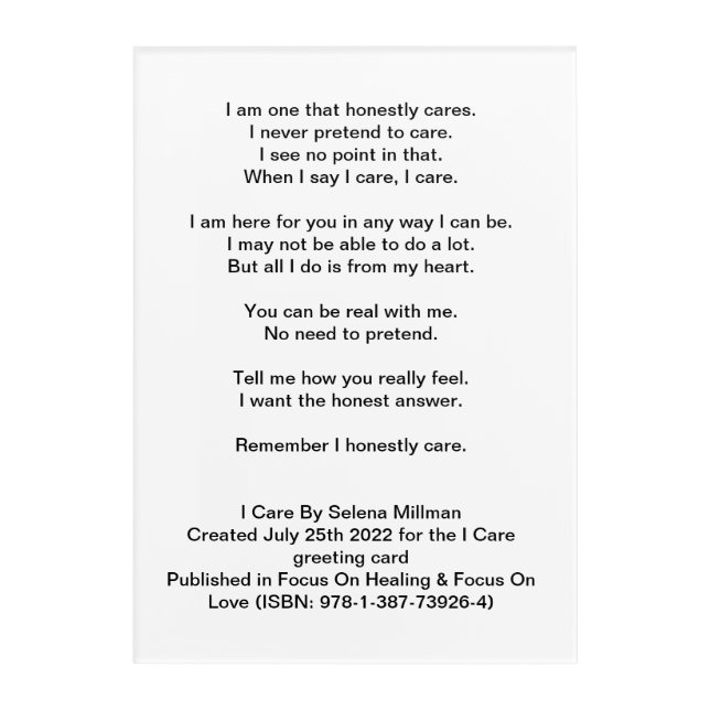 "I Care" Poem  Acrylic Print (Front)