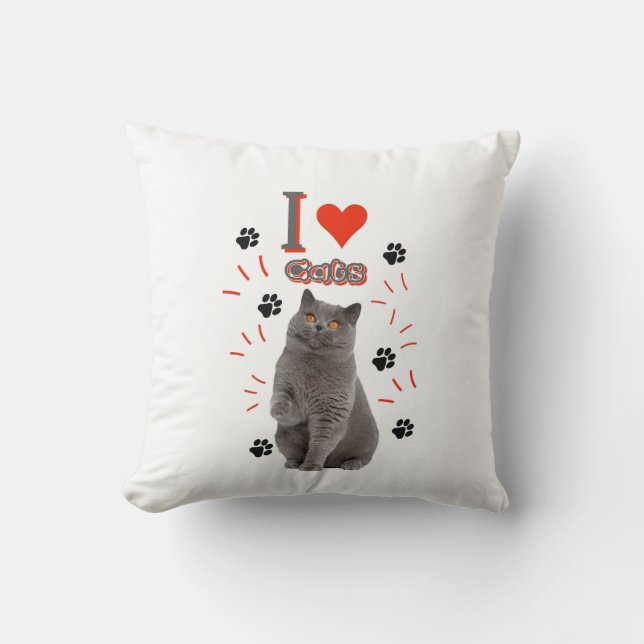 I ❤️ Cats – Cute Cat & Paw Print Design Throw Pillow (Front)