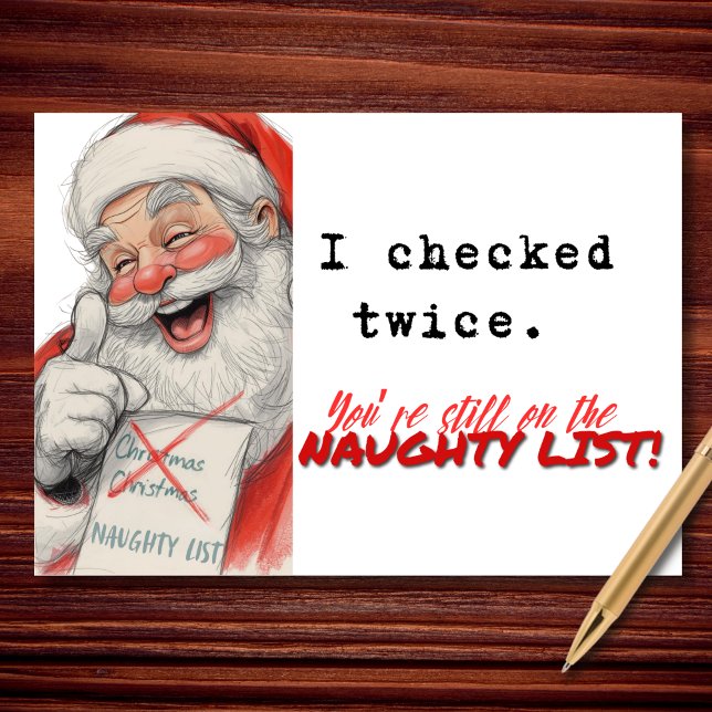 I Checked Twice Naughty List Funny Christmas Holiday Card (Santa checked his list… twice.
Shocker: 😂 You’re still on it.)