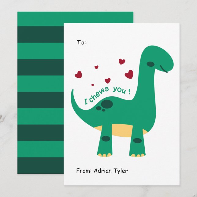 I Chews You Cute Dinosaur Classroom Valentines Day Holiday Card (Front/Back)