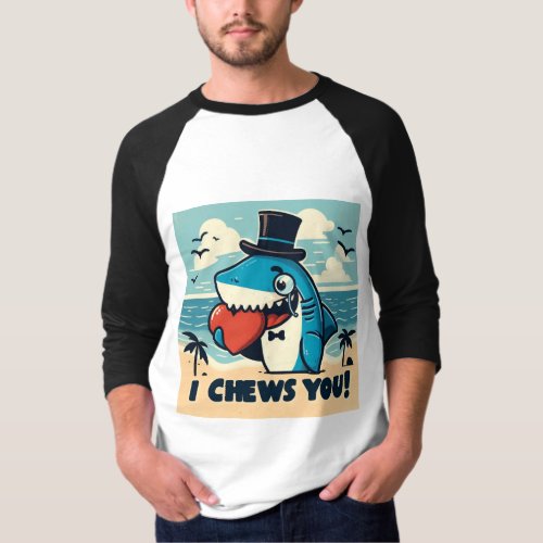 I Chews You Shark with Heart Mens 34 Sleeve  T_Shirt