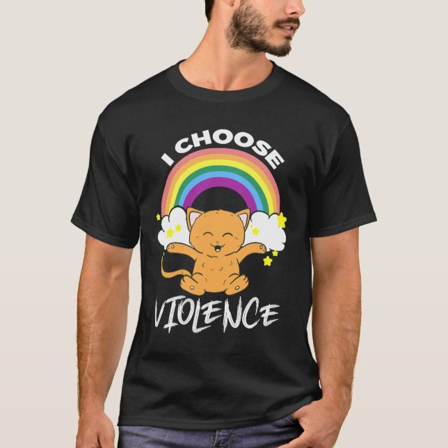 I Choose Violence Cute Cat Rainbow Cloud Stars T-Shirt (Front)