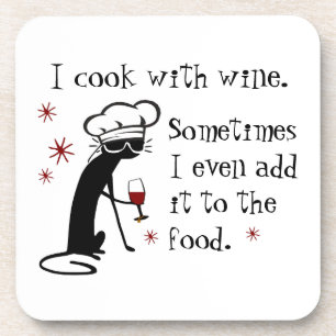 I Cook With Wine Funny Quote with Cat Beverage Coaster