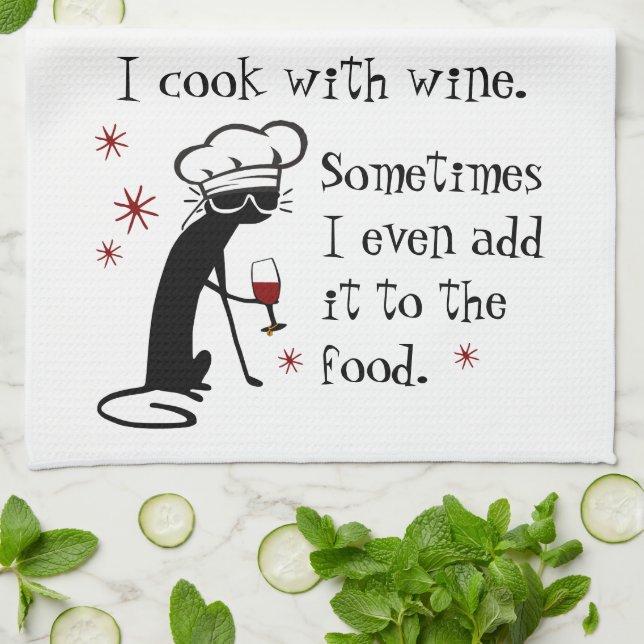 I Cook With Wine Funny Quote with Cat Kitchen Towel (Folded)
