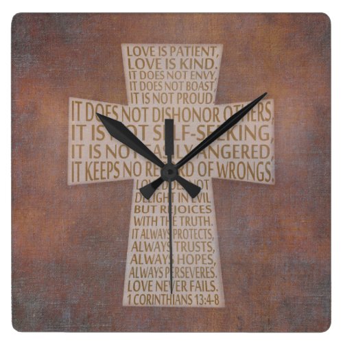 I Corinthians 13 Love Chapter Cross Rustic Square Wall Clock