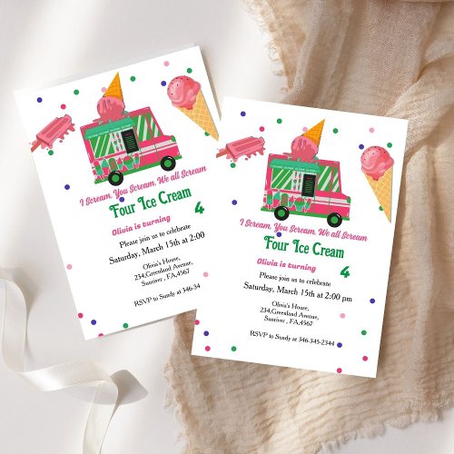 I Cream Four ice gream girl ice cream birthday  Invitation