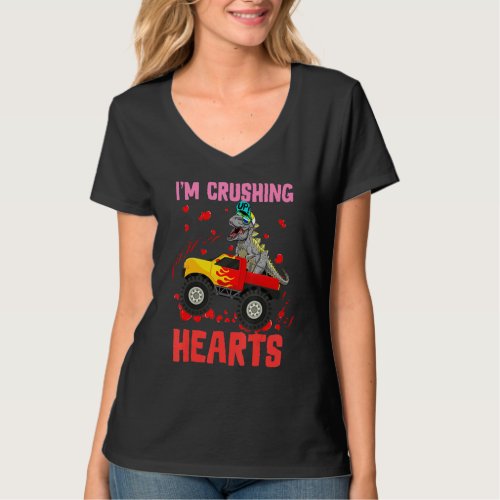 I Crush Hearts T Rex Riding Monster Truck Kid Vale T_Shirt