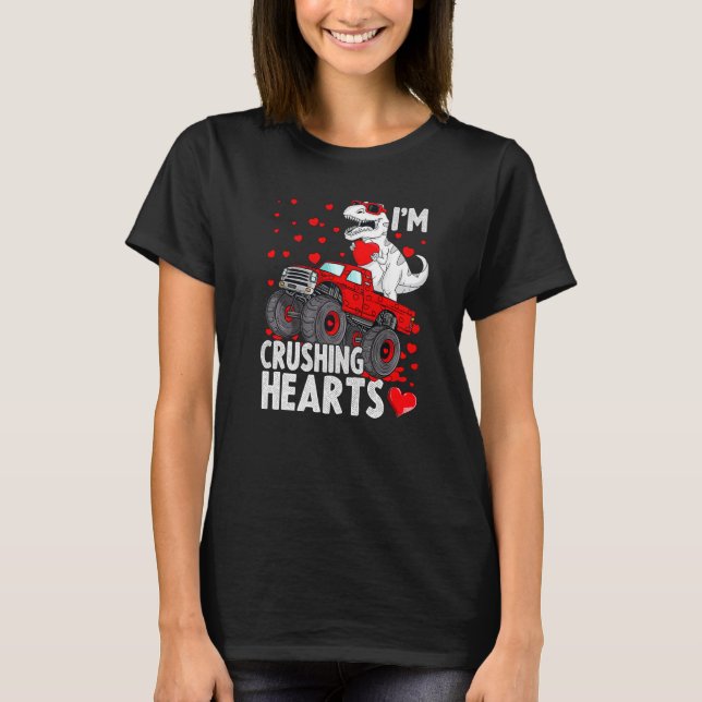 I Crush Hearts Trex Dino Monster Truck Boys Valent T-Shirt (Front)