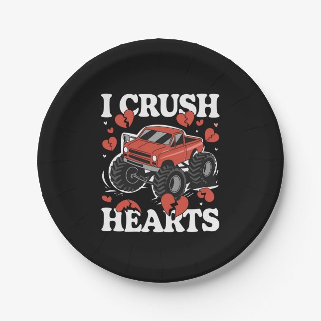 I Crush Hearts Valentine's Day Monster Truck Paper Plates (Front)