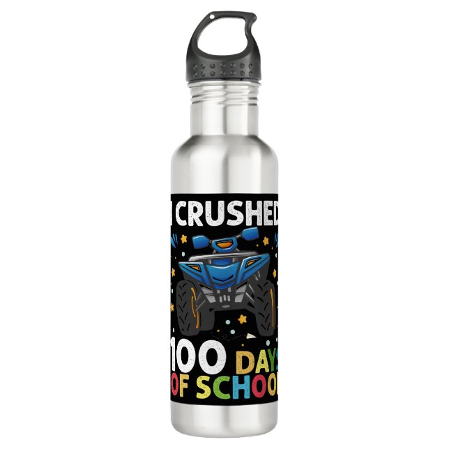 I Crushed 100 Days of School Monster Truck Boys Stainless Steel Water Bottle (Front)