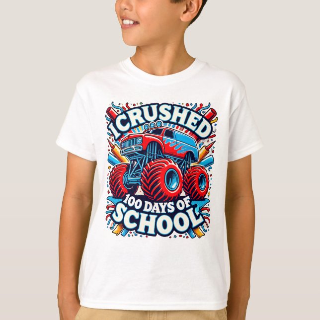 I Crushed 100 Days Of School Monster Truck Kids T-Shirt (Front)
