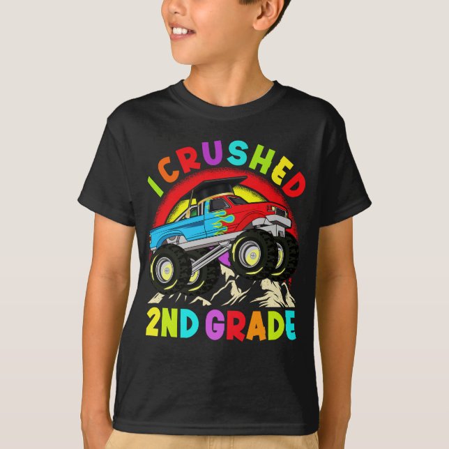 I Crushed 2nd Grade Monster Truck Graduation Cap T-Shirt (Front)