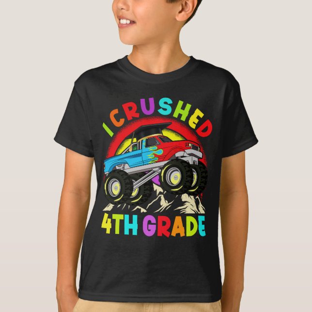 I Crushed 4th Grade Monster Truck Graduation Cap T-Shirt (Front)