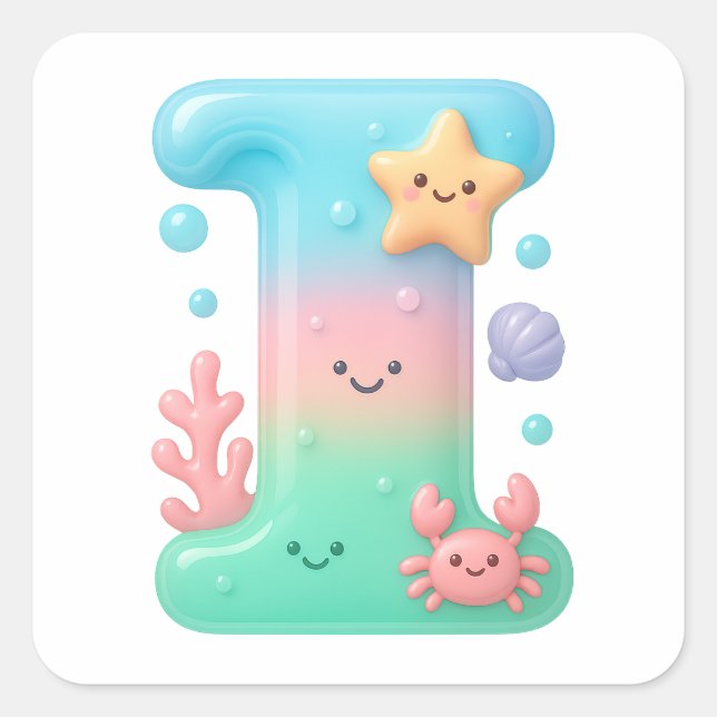 "I" Cute Letter - Underwater Sea Creature Square Sticker (Front)