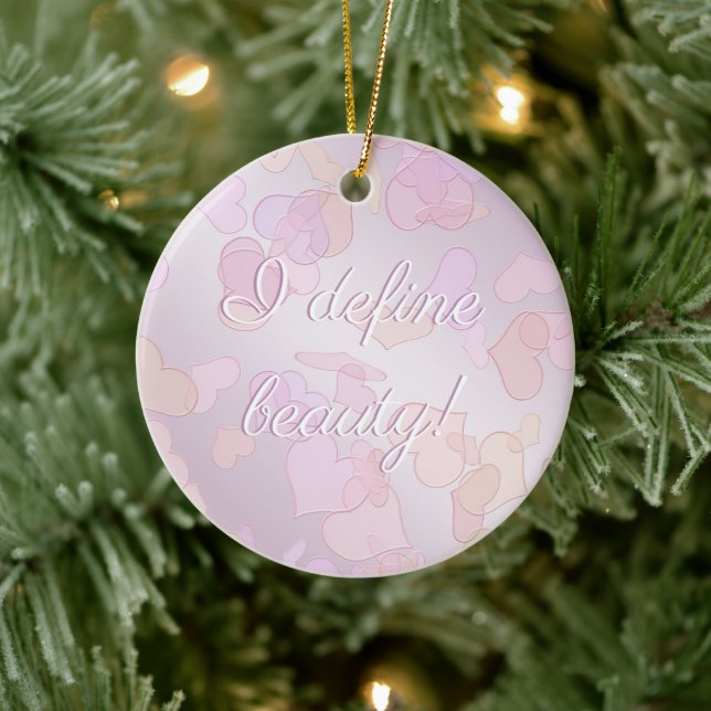 i define beauty. fun heart pinc gradient text.  ceramic ornament (Tree)