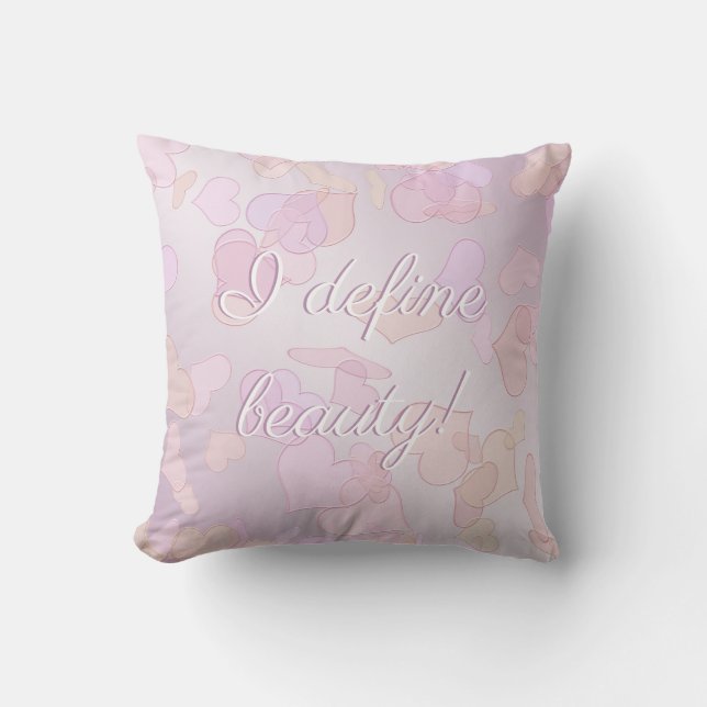 i define beauty. fun heart pinc gradient text.  throw pillow (Front)