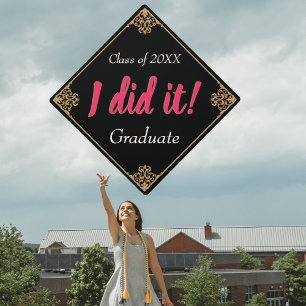 I Did It! Vintage Pink Black Gold Baroque Frame Graduation Cap Topper