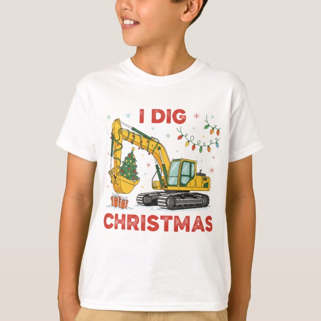 I Dig Christmas Cute Excavator Tree Lights Kids T-Shirt (Front)