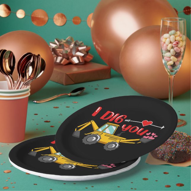 I Dig You Backhoe Valentine Paper Plates (Multi)