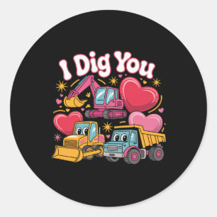 I Dig You Cute Valentine Construction Trucks Desig Classic Round Sticker