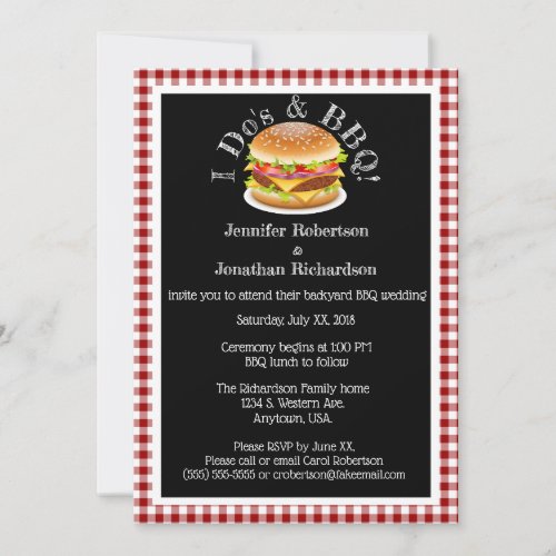 I Do and BBQ Gingham Hamburger Casual Wedding 2 Invitation