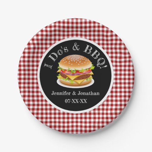 I Do and BBQ Red Gingham Hamburger Casual Wedding Paper Plates