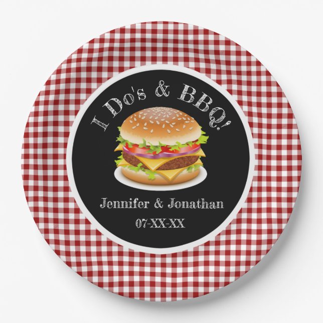 I Do and BBQ Red Gingham Hamburger Casual Wedding Paper Plates (Front)