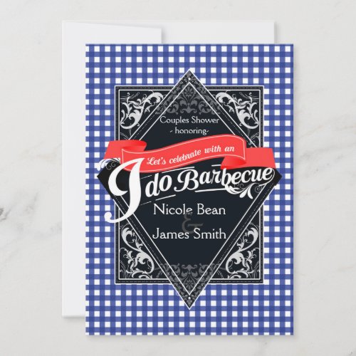 I DO BARBECUE BBQ Blue  Red Checkered Engagement Invitation