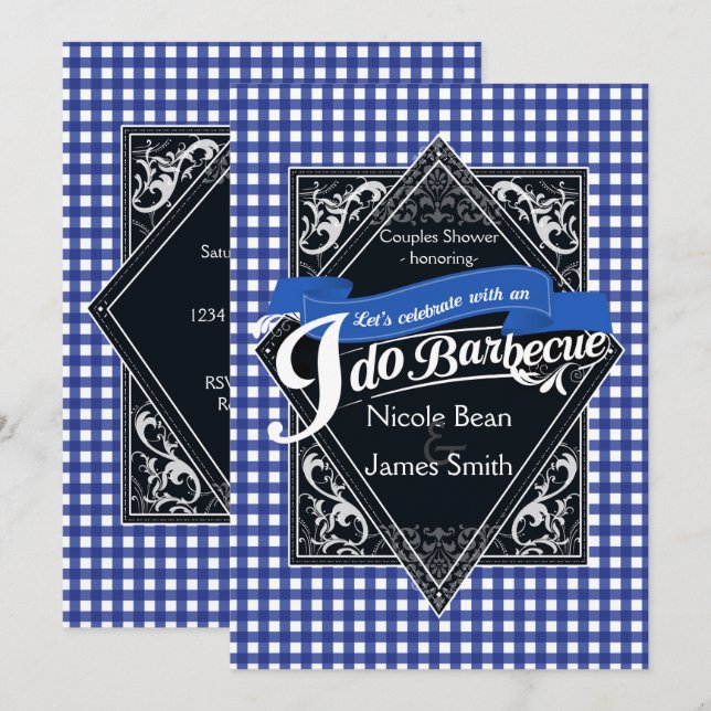 I DO BARBECUE BBQ Blue White Checkered Engagement Invitation (Front/Back)