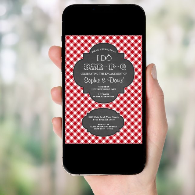 I DO BARBEQUE Engagement Chalk Gingham Invite (Front Digital)