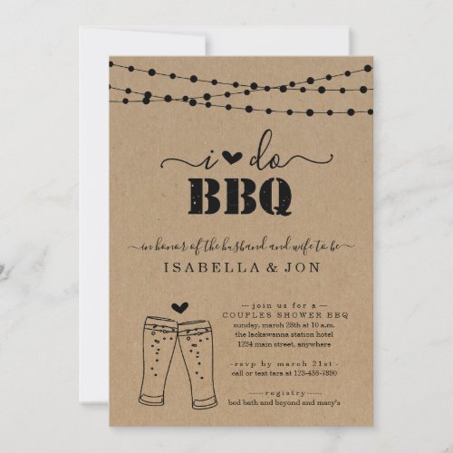 I Do BBQ Beer Couples Wedding Shower Engagement Invitation - A hand drawn beer toast with string lights on a kraft background depicting your wonderfully rustic "I Do BBQ" celebration. Coordinating RSVP, Details, Registry, Thank You cards and other items are available in the 'Wonderfully Simple' Collection within my store.